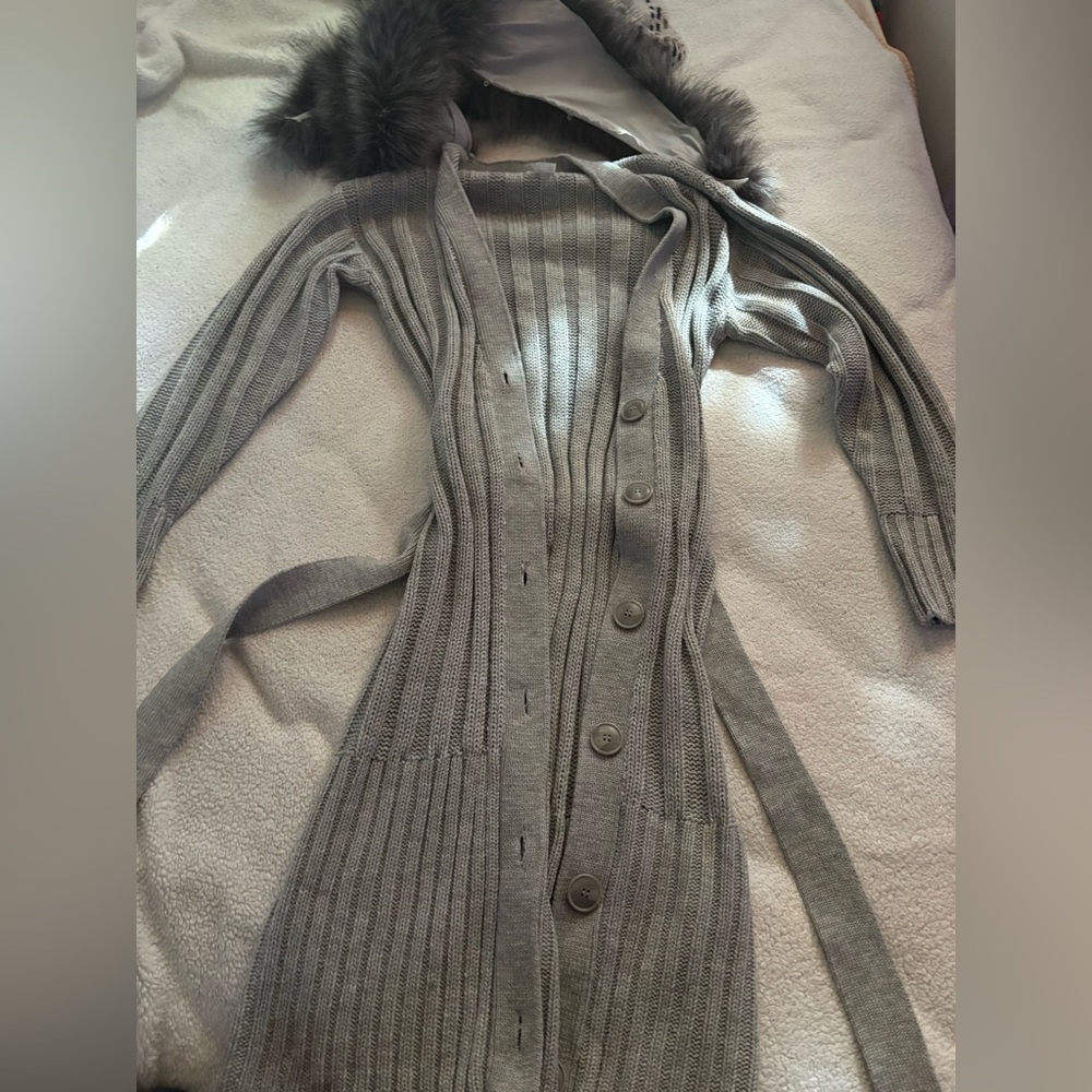 Long Ribbed Button-Front Gray Women’s Sweater Cardigan